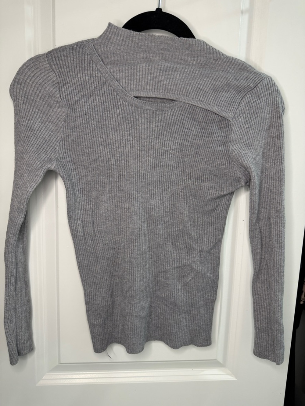Gray Ribbed Cutout Long Sleeve Top